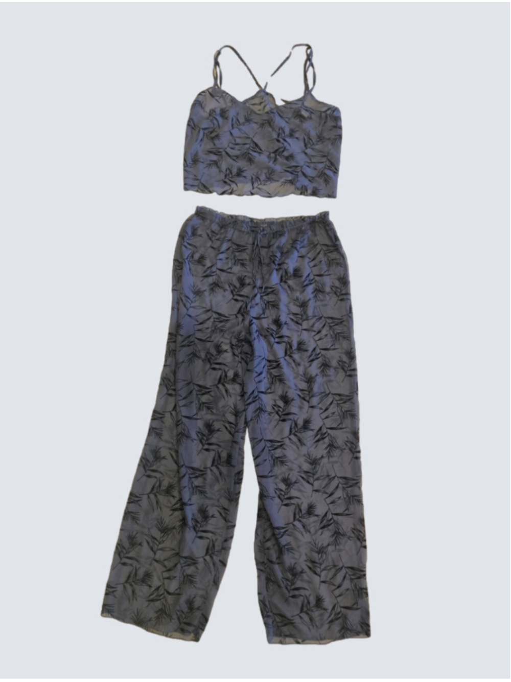 Victoria's Secret | 2 Piece Women's Sheer Pajama Set in Navy Blue Leaf Print. M